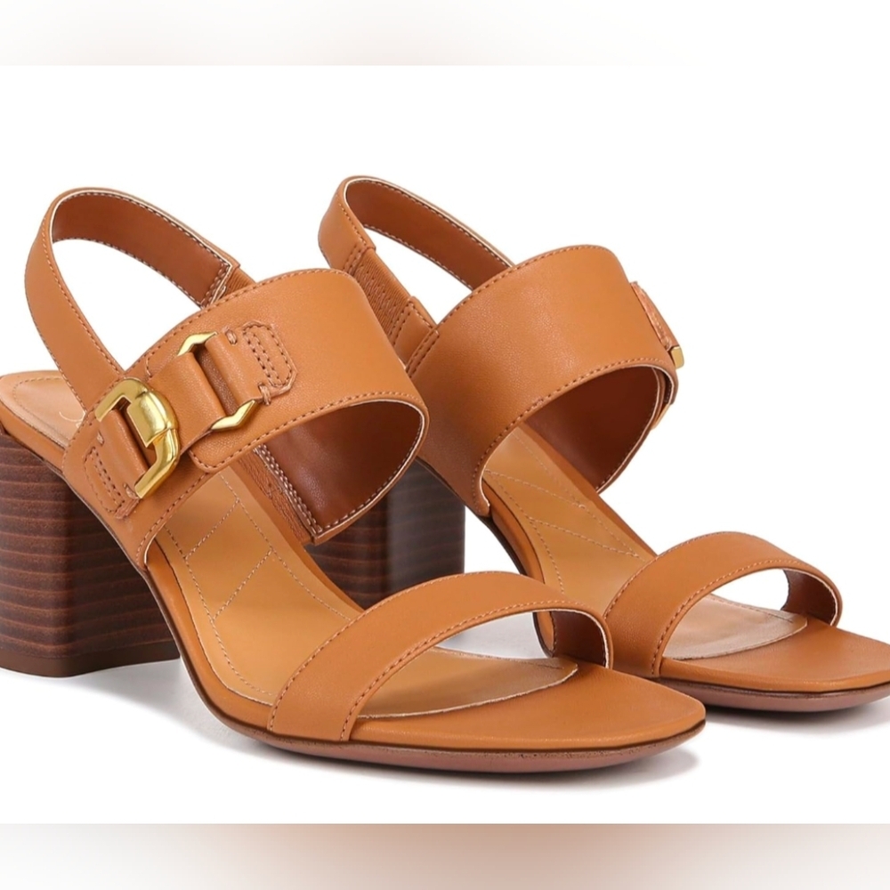 Franco Sarto Omyrah Block Heel Sandal (Women) 10M, TAN Gold Buckle